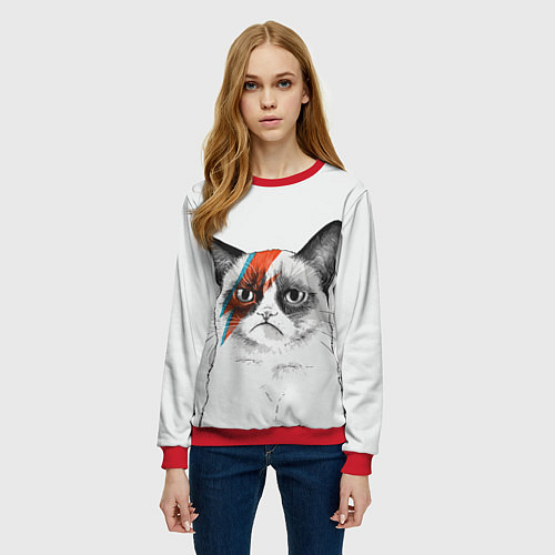 Женский свитшот David Bowie: Grumpy cat / 3D-Красный – фото 3