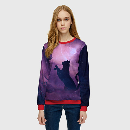 Женский свитшот Кошка играет с бабочкой / 3D-Красный – фото 3
