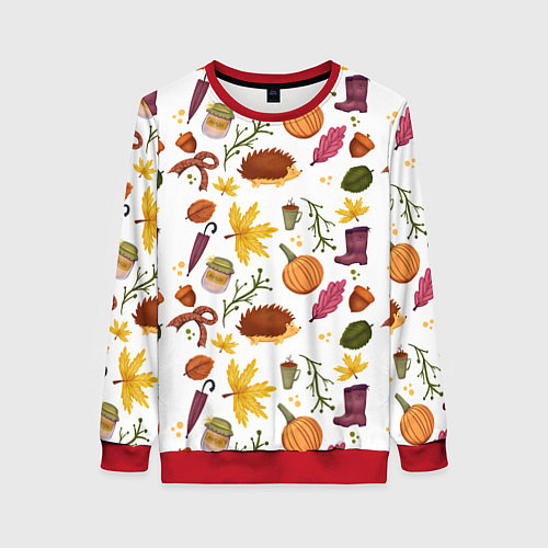 Женский свитшот Уют, ежи, листья и банка варенья / 3D-Красный – фото 1