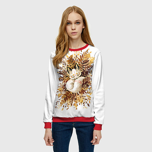 Женский свитшот Лисичка спит в листьях / 3D-Красный – фото 3