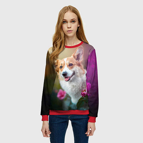 Женский свитшот Корги в розовом кусте / 3D-Красный – фото 3