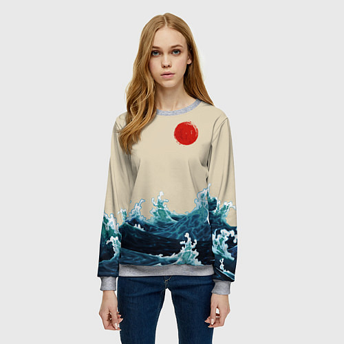 Женский свитшот Японский Стиль Волны и Солнце / 3D-Меланж – фото 3