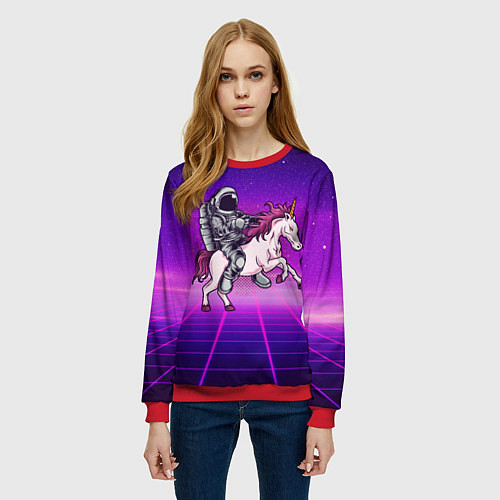 Женский свитшот Космонавт на единороге / 3D-Красный – фото 3