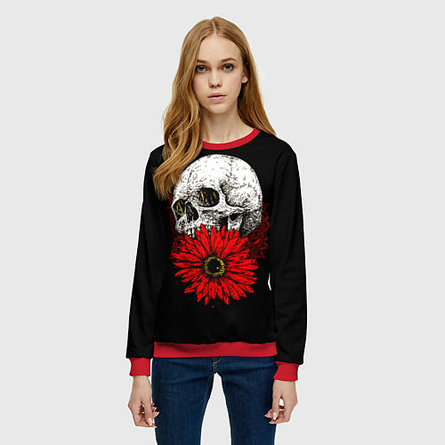 Женский свитшот Череп и Красный Цветок Skull / 3D-Красный – фото 3