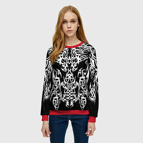 Женский свитшот ТАТУ ЧЕРНО БЕЛОЕ УЗОР / 3D-Красный – фото 3