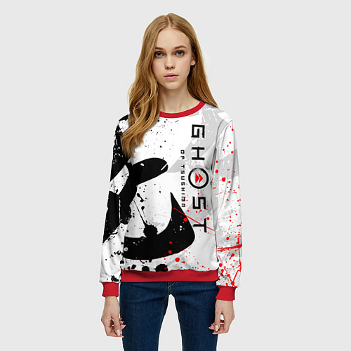 Женский свитшот GHOST OF TSUSHIMA ПРИЗРАК ЦУСИМЫ БЕЛЫЙ / 3D-Красный – фото 3