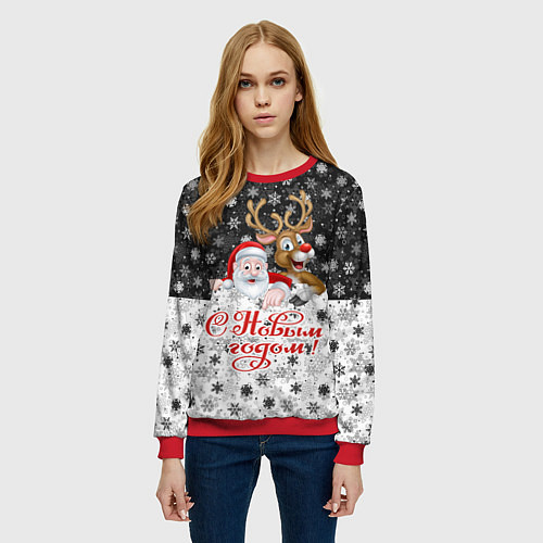 Женский свитшот С Новым Годом дед мороз и олень / 3D-Красный – фото 3