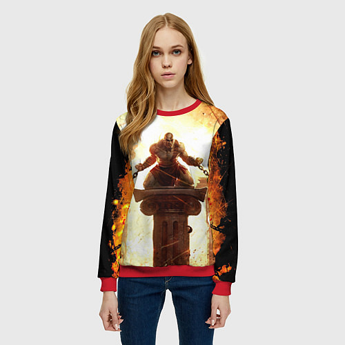 Женский свитшот GOD OF WAR КРАТОС В ЦЕПЯХ / 3D-Красный – фото 3