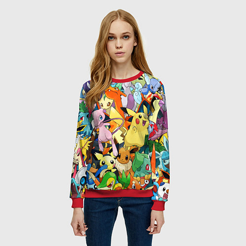 Женский свитшот АНИМЕ, ПОКЕМОНЫ ВСЕ ПЕРСОНАЖИ POKEMON / 3D-Красный – фото 3