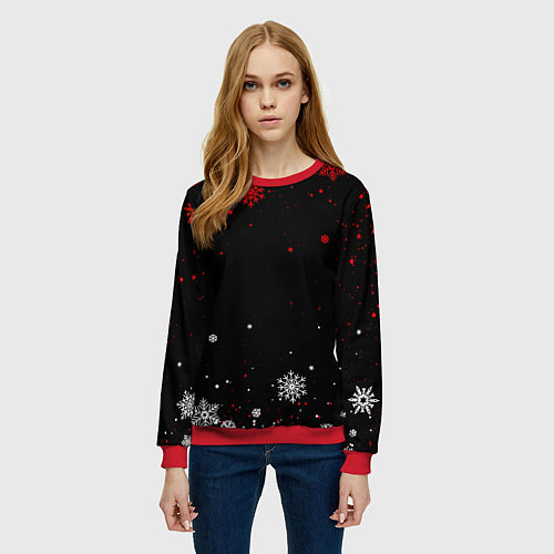 Женский свитшот КРАСНО БЕЛЫЕ СНЕЖИНКИ НА ЧЁРНОМ ФОНЕ / 3D-Красный – фото 3