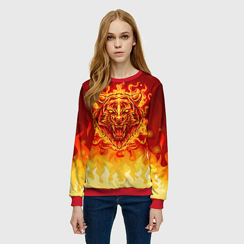 Женский свитшот Огненный тигр в пламени / 3D-Красный – фото 3