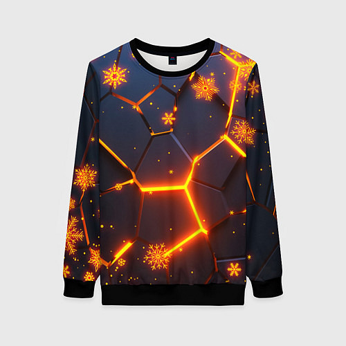 Женский свитшот НОВОГОДНИЕ ОГНЕННЫЕ 3D ПЛИТЫ FIRE NEON HEXAGON / 3D-Черный – фото 1