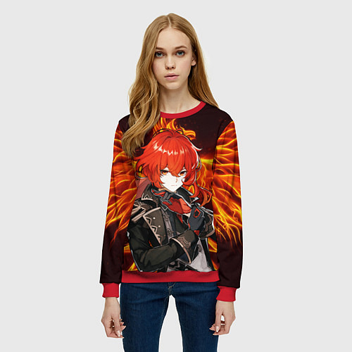 Женский свитшот ОГНЕННЫЙ ФЕНИКС ДИЛЮК, ГЕНШИН ИМПАКТ / 3D-Красный – фото 3