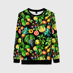 Свитшот женский Сочные фрукты - персик, груша, слива, ананас, цвет: 3D-черный
