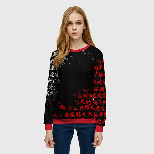 Женский свитшот КРАСНО БЕЛЫЕ ИЕРОГЛИФЫ ЯПОНИЯ БРЫЗГИ / 3D-Красный – фото 3