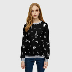 Свитшот женский Нотные Знаки Белые на Черном, цвет: 3D-меланж — фото 2