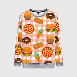 Свитшот женский PIZZA DONUT BURGER FRIES ICE CREAM pattern, цвет: 3D-меланж