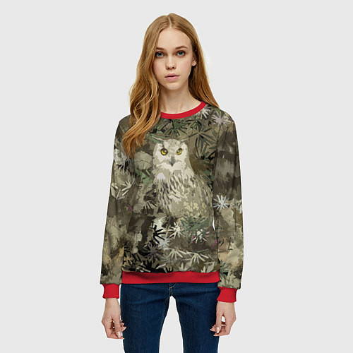 Женский свитшот Сова на абстрактном коричневом фоне / 3D-Красный – фото 3