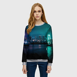 Свитшот женский Неоновый город с рекой - Светло-зелёный, цвет: 3D-меланж — фото 2