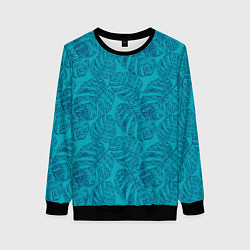 Женский свитшот Синие листья монстеры на голубом