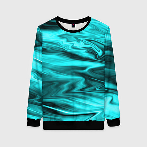 Женский свитшот Неоновый бирюзовый мраморный узор / 3D-Черный – фото 1