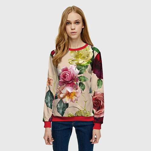 Женский свитшот Цветы Нарисованные Красные Розы и Лилии / 3D-Красный – фото 3