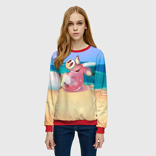 Женский свитшот Свинка на пляже хохочет / 3D-Красный – фото 3
