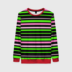 Свитшот женский Полосаты узор в зелено-розовых оттенках на черном, цвет: 3D-красный