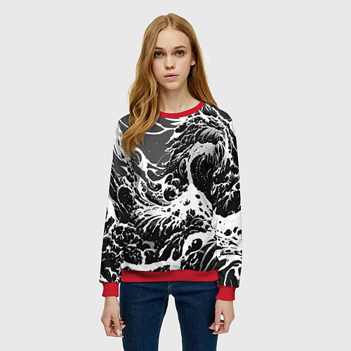Женский свитшот Черно-белые волны / 3D-Красный – фото 3