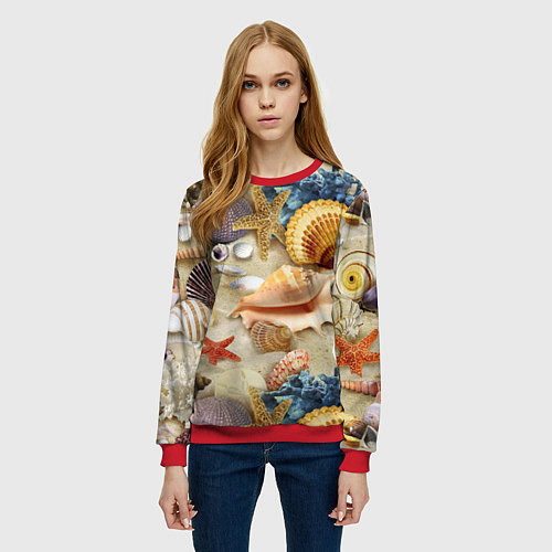 Женский свитшот Морские раковины, кораллы, морские звёзды на песке / 3D-Красный – фото 3