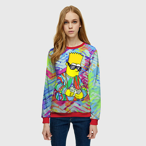 Женский свитшот Барт Симпсон в тёмных очках считает бабло / 3D-Красный – фото 3