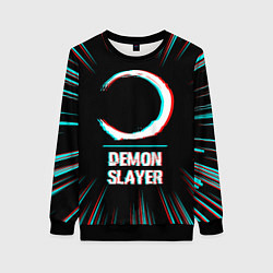 Женский свитшот Символ Demon Slayer в стиле glitch на темном фоне