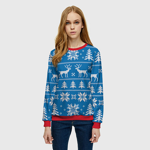 Женский свитшот Рождественский синий свитер с оленями / 3D-Красный – фото 3