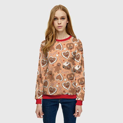 Женский свитшот Новогодний паттерн с печеньем / 3D-Красный – фото 3