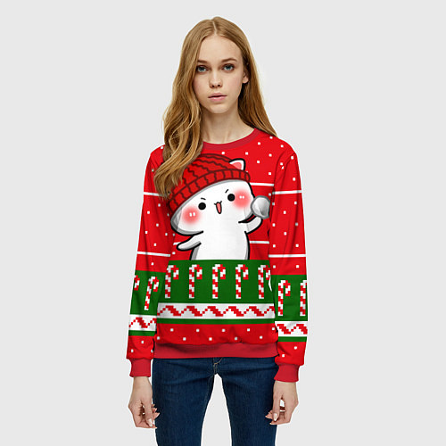 Женский свитшот Белый котик - игра в снежки / 3D-Красный – фото 3