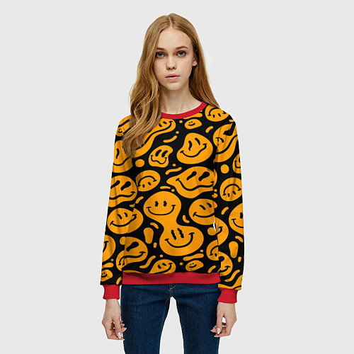 Женский свитшот Растекающийся оранжевый смайл / 3D-Красный – фото 3