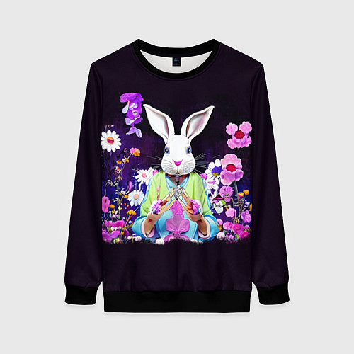 Женский свитшот Кролик в цветах на черном фоне / 3D-Черный – фото 1