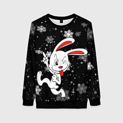 Свитшот женский Подмигивающий кролик в снежинках, цвет: 3D-черный