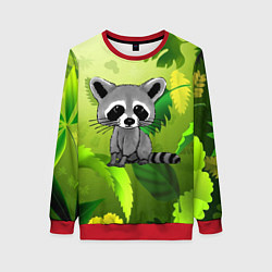 Свитшот женский Енот на фоне зеленой листвы, цвет: 3D-красный
