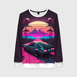 Свитшот женский Synthwave car and mountains, цвет: 3D-белый