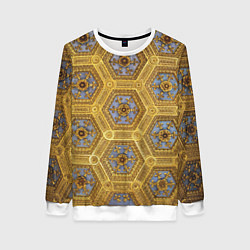 Свитшот женский Золотистый паттерн с цветами и серыми ромбами, цвет: 3D-белый