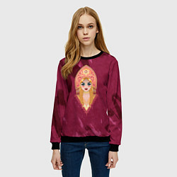 Свитшот женский Девушка в красном кокошнике с золотыми украшениями, цвет: 3D-черный — фото 2