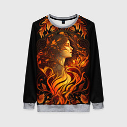 Свитшот женский Девушка в стиле ар-нуво с огнем и осенними листьям, цвет: 3D-меланж