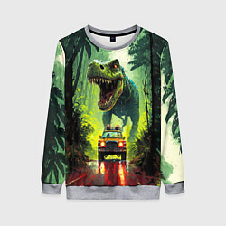 Свитшот женский Динозавр в погоне за машиной в джунглях, цвет: 3D-меланж