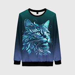 Женский свитшот Неоновый кот: фиолетовые и бирюзовые линии