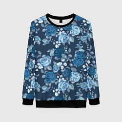Свитшот женский Голубые розы паттерн, цвет: 3D-черный