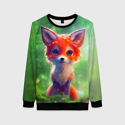 Женский свитшот Рыжий лисенок под лесным дождем / 3D-Черный – фото 1
