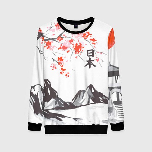 Женский свитшот Цветущая сакура и солнце - Япония / 3D-Черный – фото 1