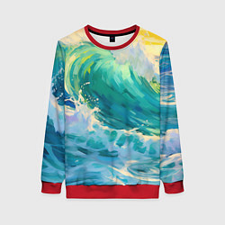 Свитшот женский Нарисованные волны моря, цвет: 3D-красный