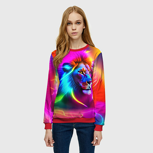 Женский свитшот Неоновый лев в цветовой абстракции / 3D-Красный – фото 3